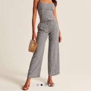 Abercrombie Linen Tailored Wide Leg Pants in Navy Blue Check